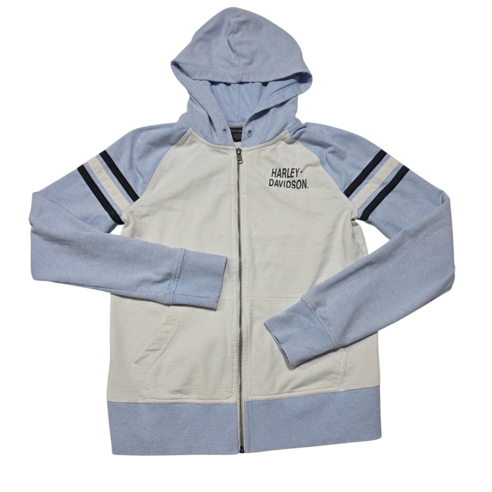 Harley Davidson Hoodie Women Small Blue Colorblock #1 Logo Zip Up Varsity Biker